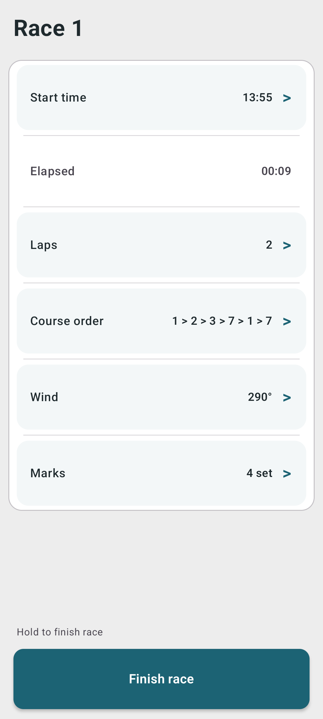 Race Support session view in the Dinghy Coach Android app